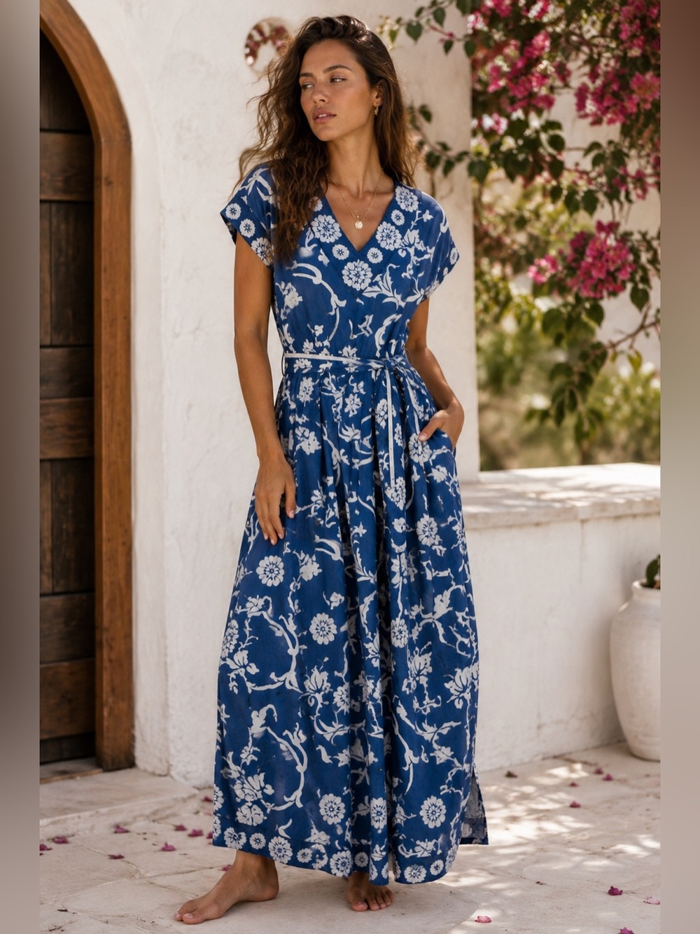 Beau & Ro Blue White Floral Cotton Belted Maxi Dress